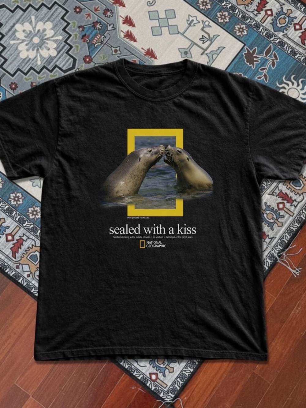 Gildan Black Short-Sleeve Tee with Yellow-Frame Seal Kiss Graphic